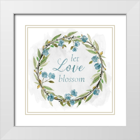 Love Blossom Wreath White Modern Wood Framed Art Print with Double Matting by Robinson, Carol