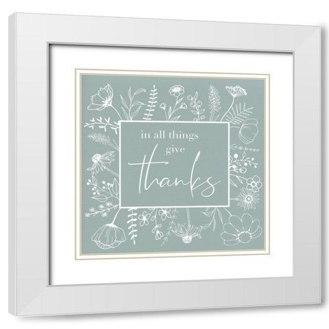 Give Thanks Floral Sketch White Modern Wood Framed Art Print with Double Matting by Santiago, Daniela