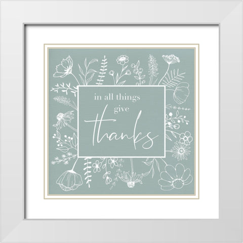 Give Thanks Floral Sketch White Modern Wood Framed Art Print with Double Matting by Santiago, Daniela
