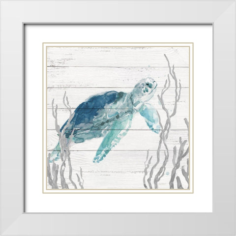 Aqua Turtle I White Modern Wood Framed Art Print with Double Matting by Robinson, Carol