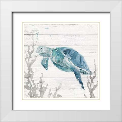 Aqua Turtle II White Modern Wood Framed Art Print with Double Matting by Robinson, Carol