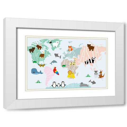 Animal Map White Modern Wood Framed Art Print with Double Matting by Santiago, Daniela