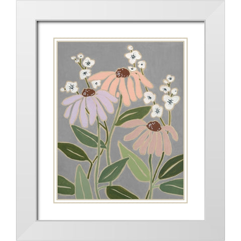Woodblock Floral I White Modern Wood Framed Art Print with Double Matting by Robinson, Carol