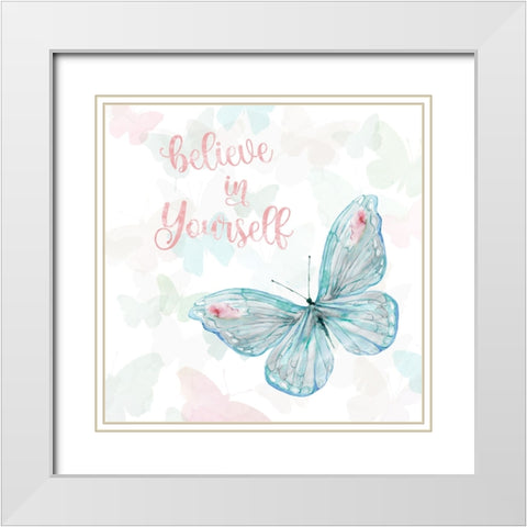 Butterfly Believe White Modern Wood Framed Art Print with Double Matting by Robinson, Carol