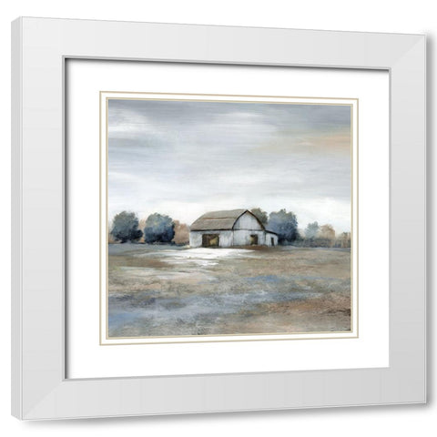 Pasture and White Barn White Modern Wood Framed Art Print with Double Matting by Nan