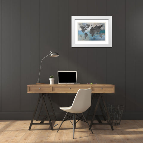 World Map Blue and Gray White Modern Wood Framed Art Print with Double Matting by Nan