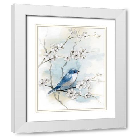 Blossoms and Bluebird I White Modern Wood Framed Art Print with Double Matting by Nan