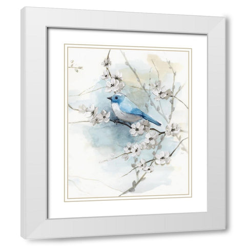 Blossoms and Bluebird II White Modern Wood Framed Art Print with Double Matting by Nan