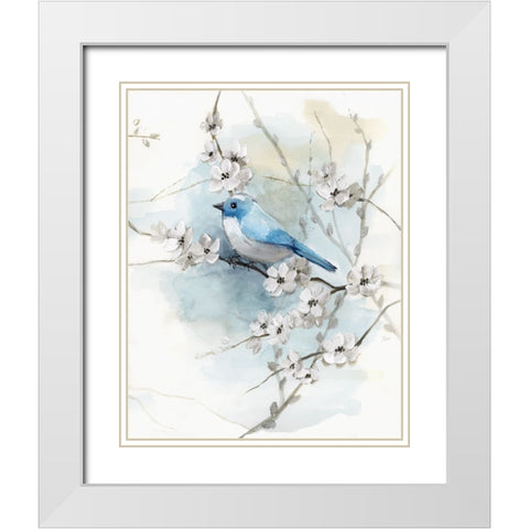 Blossoms and Bluebird II White Modern Wood Framed Art Print with Double Matting by Nan