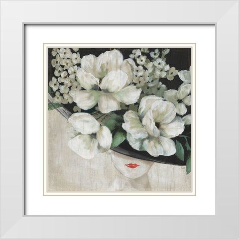 Floral Fantasy Hat White Modern Wood Framed Art Print with Double Matting by Nan