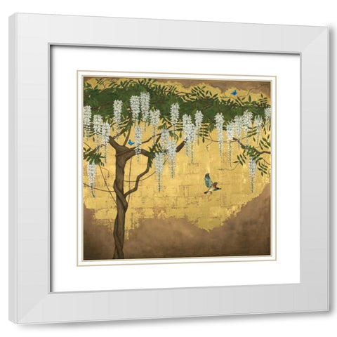 Wisteria with House Finch White Modern Wood Framed Art Print with Double Matting by Charlotte, Joanna