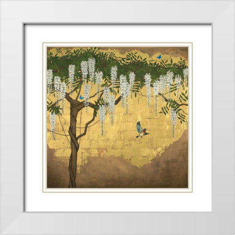 Wisteria with House Finch White Modern Wood Framed Art Print with Double Matting by Charlotte, Joanna
