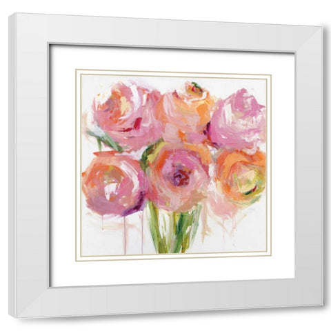 Pink Peonies White Modern Wood Framed Art Print with Double Matting by Bell, Emma