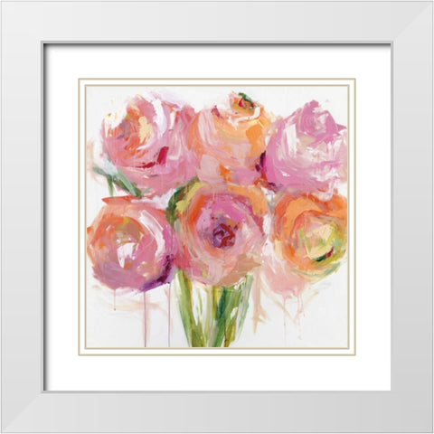 Pink Peonies White Modern Wood Framed Art Print with Double Matting by Bell, Emma