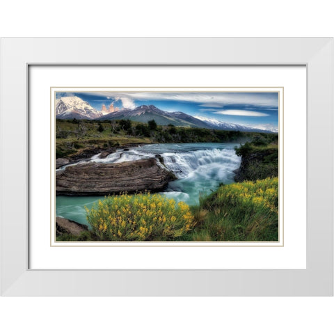 Rio Paine Waterfalls White Modern Wood Framed Art Print with Double Matting by Frates, Dennis