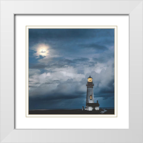 Lighthouse In Moonlight White Modern Wood Framed Art Print with Double Matting by Burt, D.