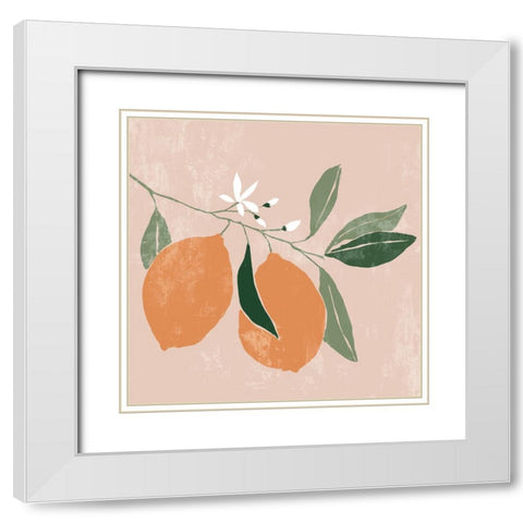 Orange Branch I White Modern Wood Framed Art Print with Double Matting by Aria K