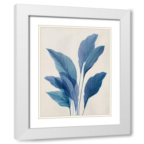 Blue Palm Leaves II White Modern Wood Framed Art Print with Double Matting by Aria K