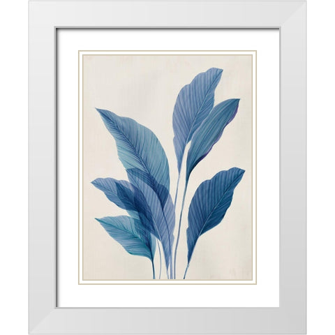 Blue Palm Leaves II White Modern Wood Framed Art Print with Double Matting by Aria K