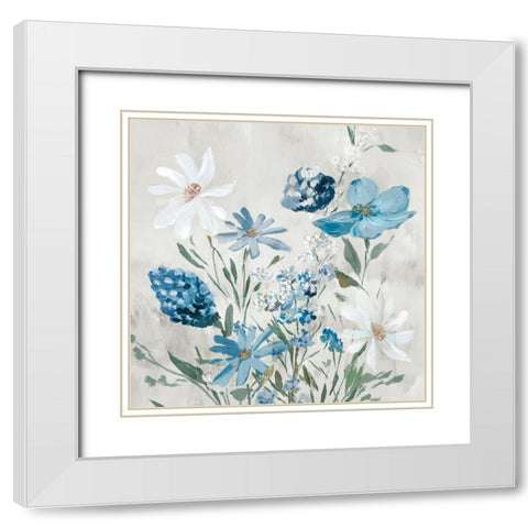 Blue Wild Flowers White Modern Wood Framed Art Print with Double Matting by Aria K