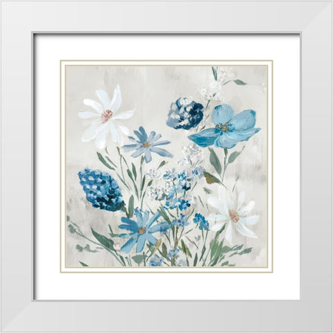 Blue Wild Flowers White Modern Wood Framed Art Print with Double Matting by Aria K