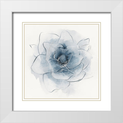 Blue Line Floral I White Modern Wood Framed Art Print with Double Matting by Aria K