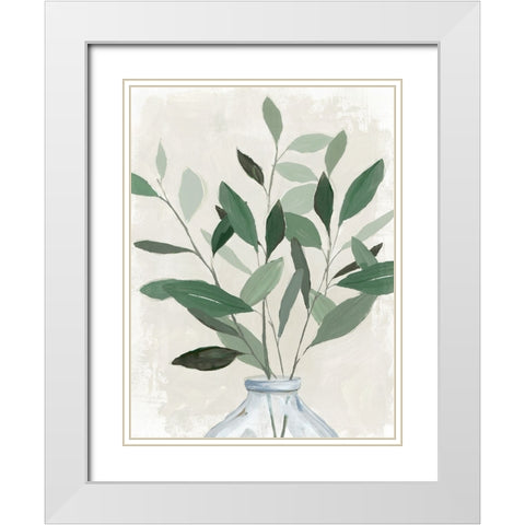 Green Leaves Vase I White Modern Wood Framed Art Print with Double Matting by Aria K