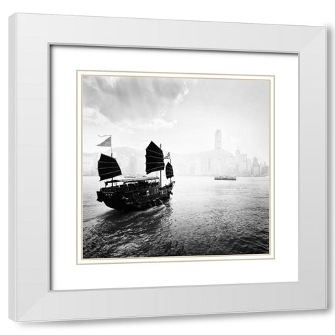 Boat in the Hong Kong Harbor White Modern Wood Framed Art Print with Double Matting by Praxis Studio
