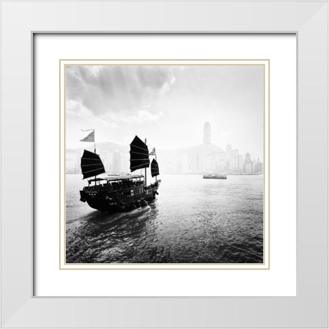 Boat in the Hong Kong Harbor White Modern Wood Framed Art Print with Double Matting by Praxis Studio