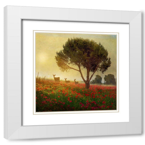 Trees Poppies Deer II White Modern Wood Framed Art Print with Double Matting by Best, Chris
