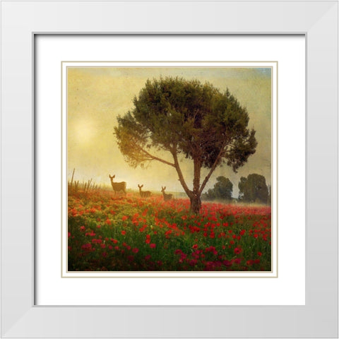 Trees Poppies Deer II White Modern Wood Framed Art Print with Double Matting by Best, Chris