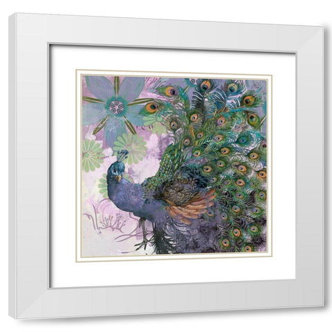 Peacock Prance  White Modern Wood Framed Art Print with Double Matting by Evelia