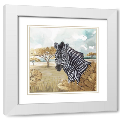 Golden Zebras White Modern Wood Framed Art Print with Double Matting by Watts, Eva