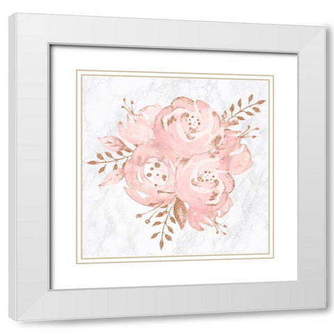 Floral Bouquet Rose Gold Pink Glitter on Marble White Modern Wood Framed Art Print with Double Matting by Nature Magick