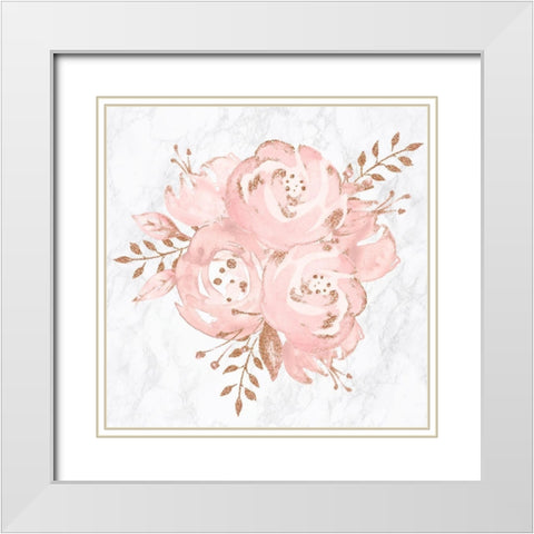 Floral Bouquet Rose Gold Pink Glitter on Marble White Modern Wood Framed Art Print with Double Matting by Nature Magick