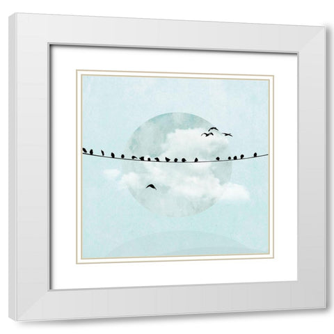 Birds on a Line I White Modern Wood Framed Art Print with Double Matting by Halli, Hal