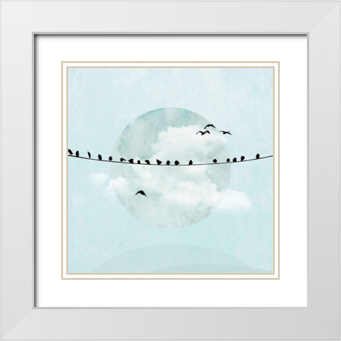 Birds on a Line I White Modern Wood Framed Art Print with Double Matting by Halli, Hal