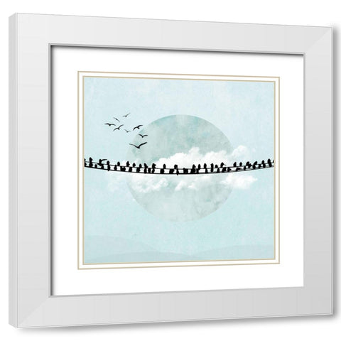 Birds on a Line II  White Modern Wood Framed Art Print with Double Matting by Halli, Hal