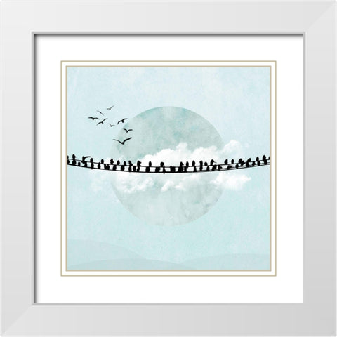 Birds on a Line II  White Modern Wood Framed Art Print with Double Matting by Halli, Hal
