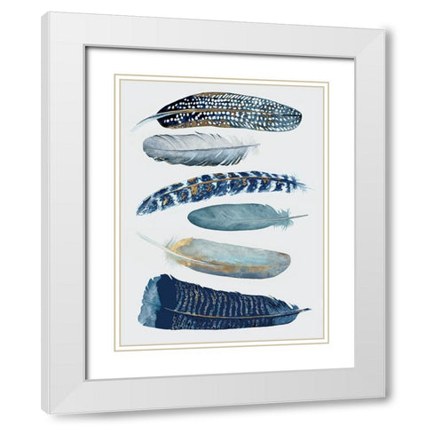 Blue And Gold Feathers II White Modern Wood Framed Art Print with Double Matting by Hatfield, Jodi