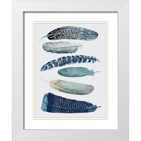 Blue And Gold Feathers II White Modern Wood Framed Art Print with Double Matting by Hatfield, Jodi