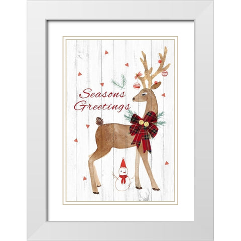 Seasons Greetings Deer White Modern Wood Framed Art Print with Double Matting by PI Studio