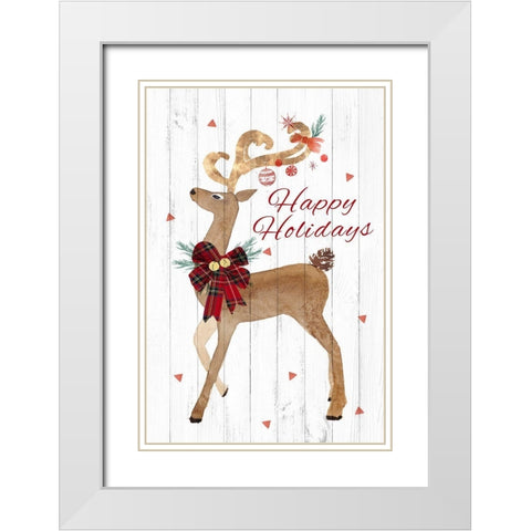 Happy Hoildays Deer  White Modern Wood Framed Art Print with Double Matting by PI Studio