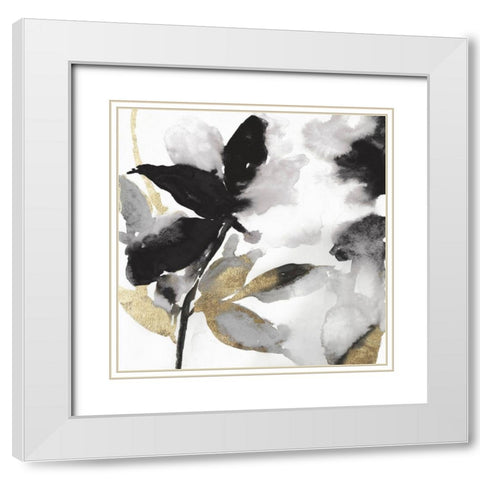 Black Petals Gold Leaves I White Modern Wood Framed Art Print with Double Matting by Jensen, Asia