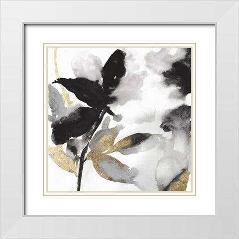 Black Petals Gold Leaves I White Modern Wood Framed Art Print with Double Matting by Jensen, Asia