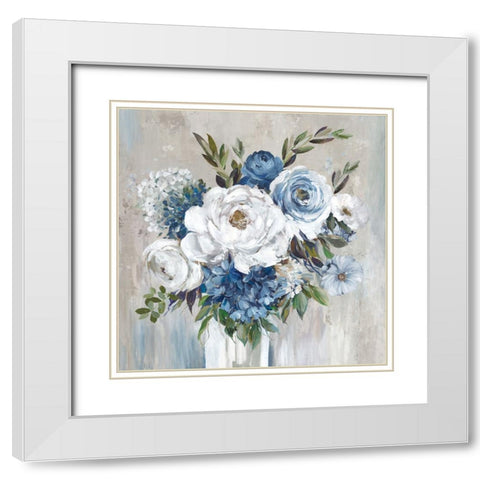 Blue Bouquet of Flowers White Modern Wood Framed Art Print with Double Matting by Jensen, Asia