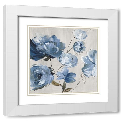 Blue Florals Cascade White Modern Wood Framed Art Print with Double Matting by Jensen, Asia