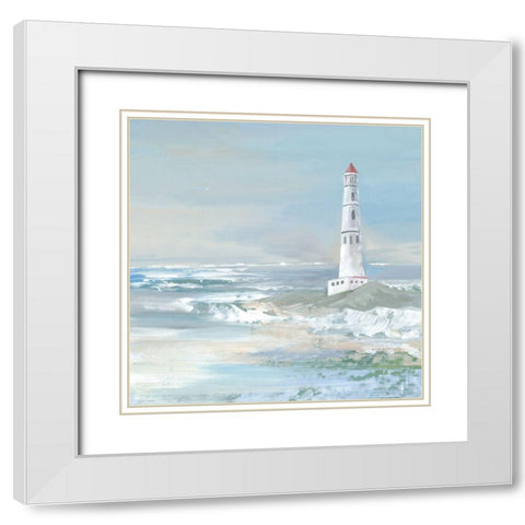 Blue Ocean Lighthouse White Modern Wood Framed Art Print with Double Matting by Lera
