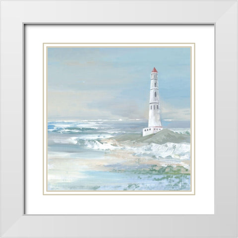 Blue Ocean Lighthouse White Modern Wood Framed Art Print with Double Matting by Lera