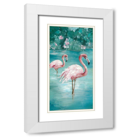 Flamingo Romance II White Modern Wood Framed Art Print with Double Matting by Jones, Eli